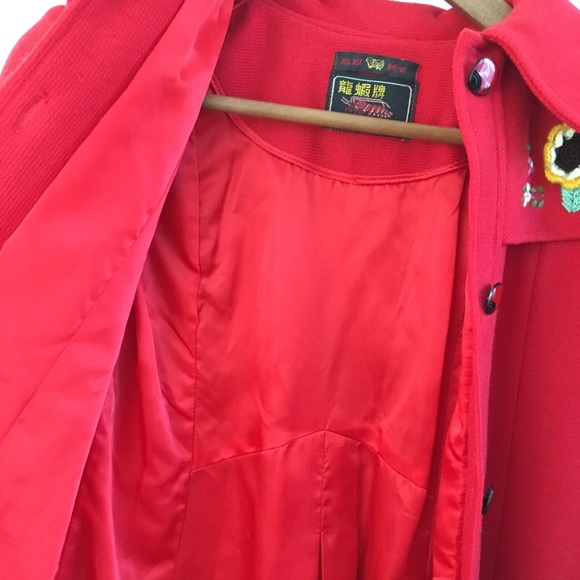 Vintage Red Wool Coat Embroidered Crochet Accents - Picture 9 of 14